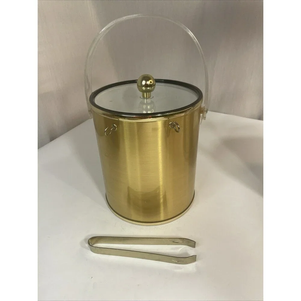 2 Vintage Gold Silver Ice Buckets Plastic, Clear Lid, Tongs Made In Taiwan